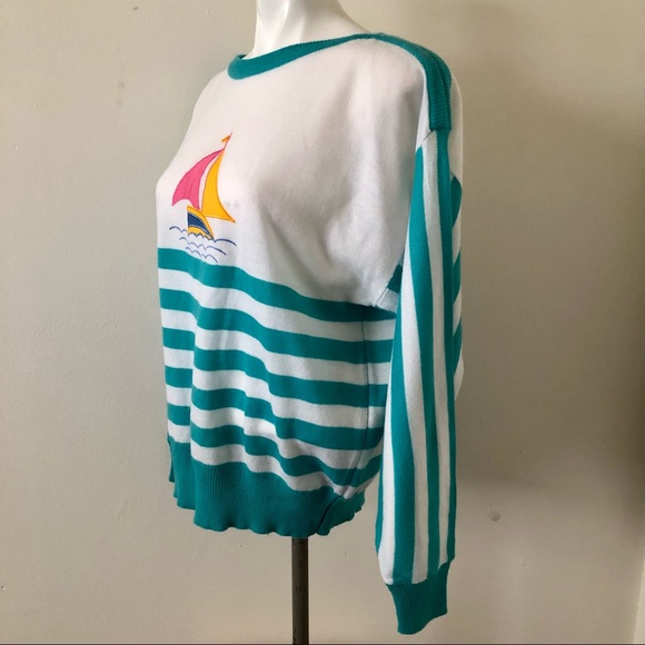 Vintage 80s Striped Nautical Sweater With Appliqué Sail Boat Size Large - Picture 3 of 6
